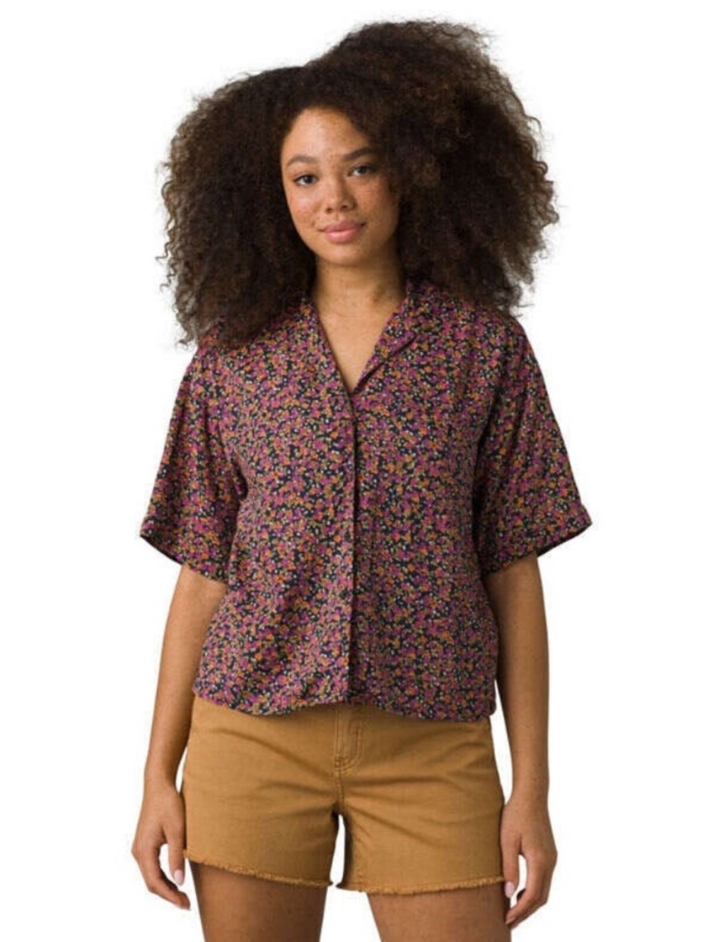 Prana Iguala Top Short Sleeve Cropped Button Down Nautical Petals Black Floral